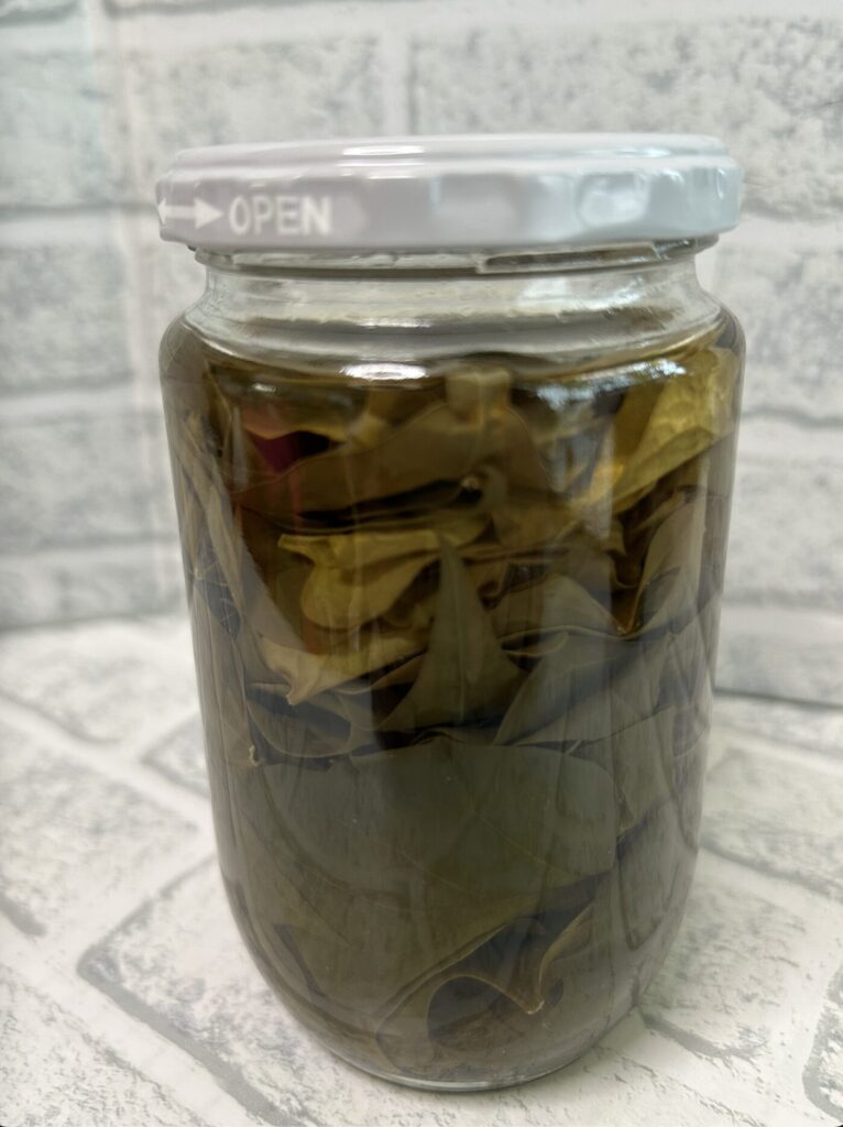 ドクダミの葉っぱをリカーに浸けている